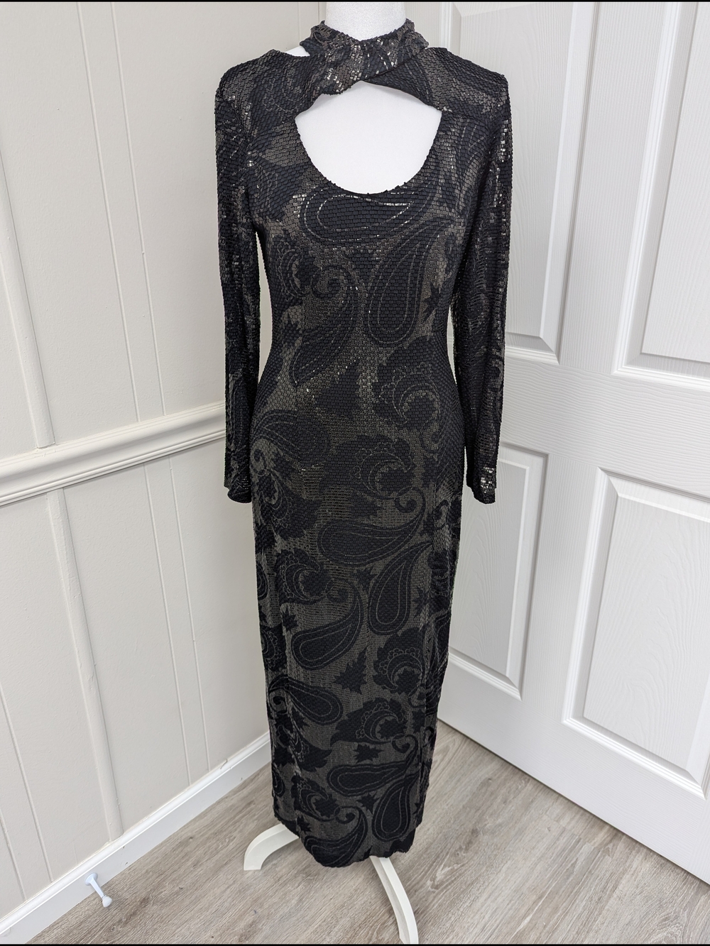 Italian Janine Black Cutout Long Sleeve Maxi Dress Snakeskin fabric
